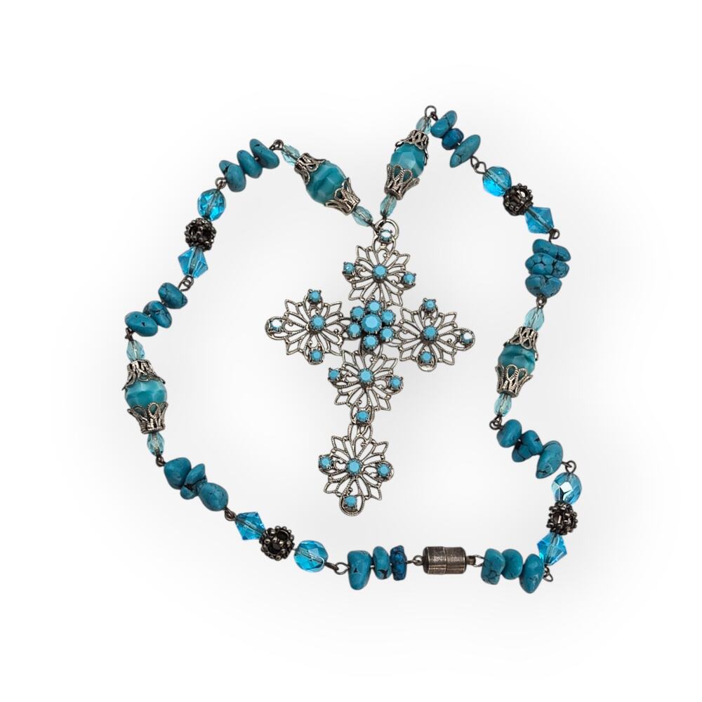 Turquoise Ornate Cross Pendant Necklace Silver Filigree - Gothic Romantic